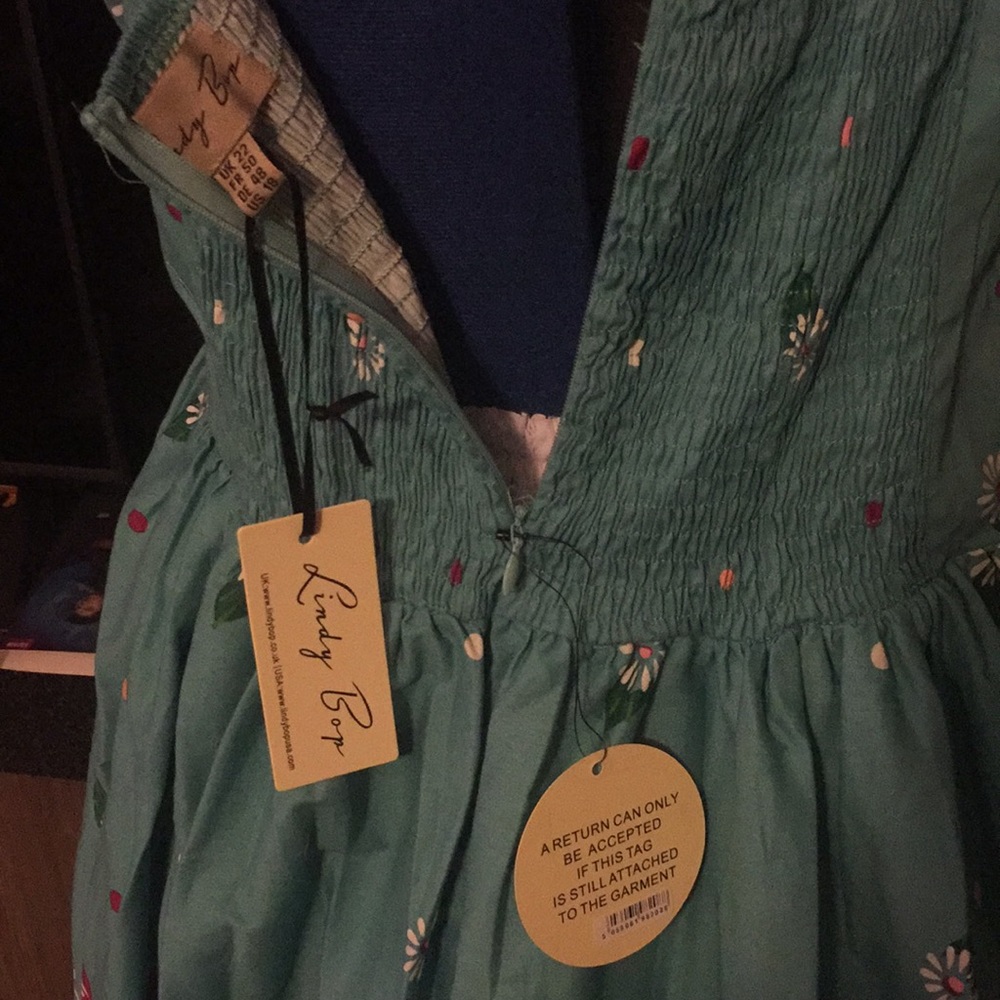 LINDY BOP RARE SASKIA TEAL AND PURPLE FOLK FLOWER DRESS - Picture 6 of 11